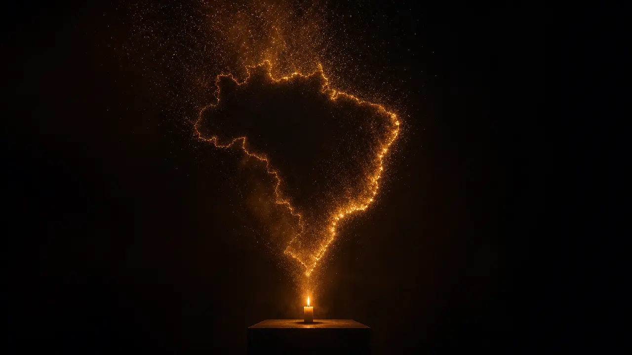 Mapa do Brasil desenhado em partículas âmbar, interior escuro, poucos pontos acesos no litoral
