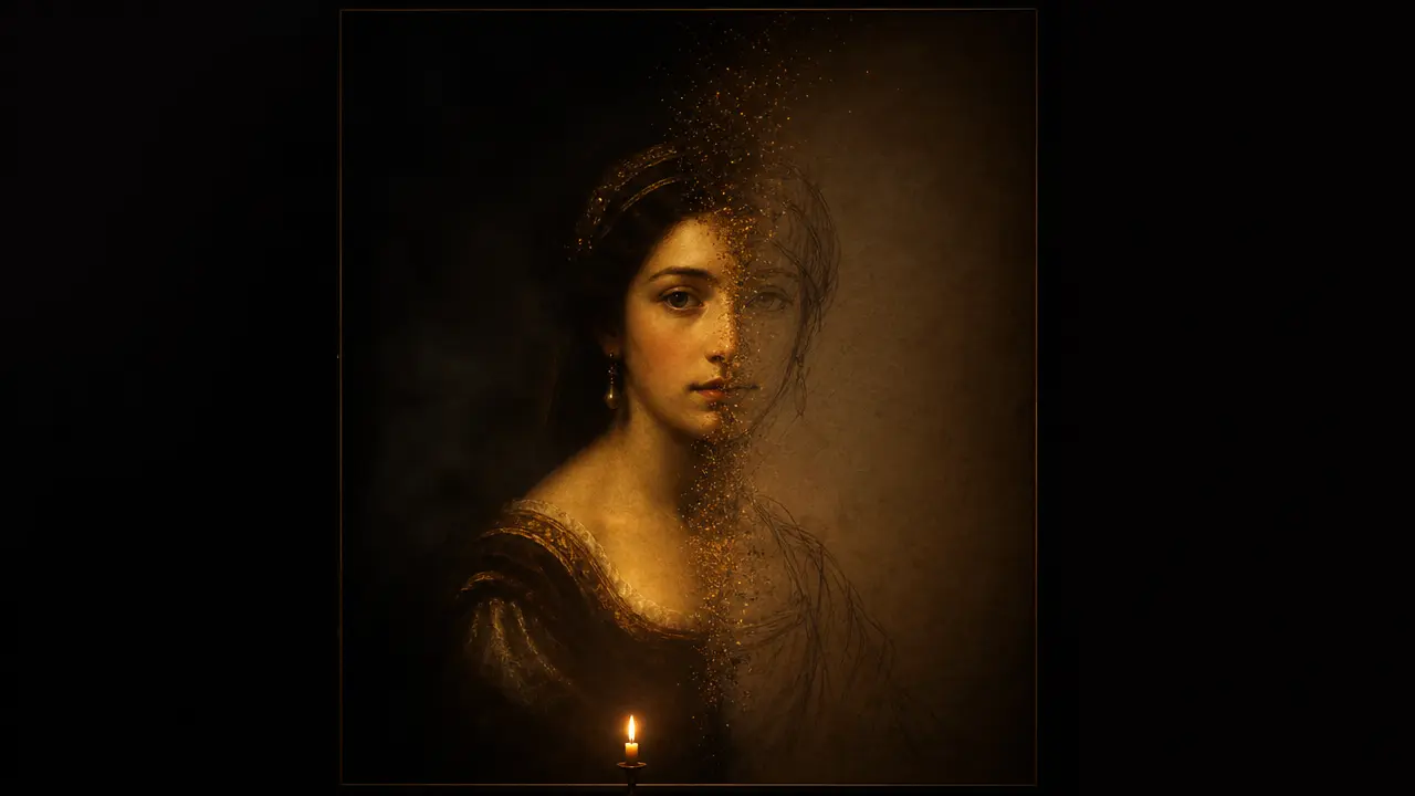 Retrato renascentista dividido ao meio: um lado pintura a óleo impecável, outro esboço inacabado